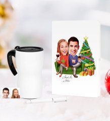 Kişiye Özel Yılbaşı Sevgililer Karikatürlü Beyaz Defter Kalem Termos Mug Seti - 4