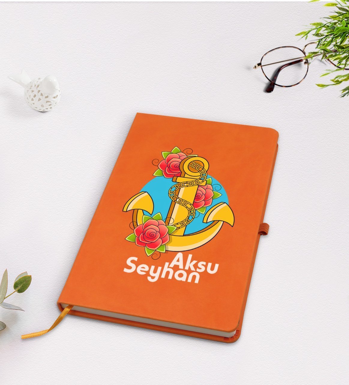 Kişiye Özel Çapa Tasarımlı Turuncu Termo Deri Defter Model 4