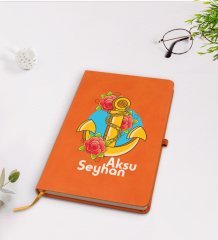Kişiye Özel Çapa Tasarımlı Turuncu Termo Deri Defter Model 4