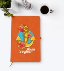 Kişiye Özel Çapa Tasarımlı Turuncu Termo Deri Defter Model 4