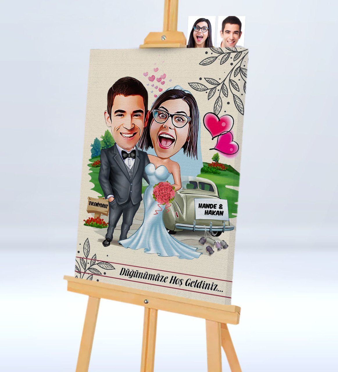 Kişiye Özel Düğünümüze Hoş Geldiniz Şovaleli Karikatür Kanvas Tablo - 3