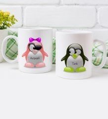 Kişiye Özel Penguen Çift Tasarımlı İkili Beyaz Kupa Bardak