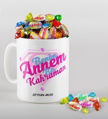Kişiye Özel Benim Annem Bir Kahraman Tasarımlı Beyaz Kupa ve Haribo Şeker Hediye Seti-1