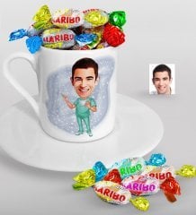 Kişiye Özel Bay Cerrah Karikatürlü Türk Kahvesi Fincanı ve Haribo Şeker Hediye Seti-1