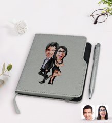 Kişiye Özel Sevgililer Karikatürlü Gri Termo Deri Defter Kalem Seti-6