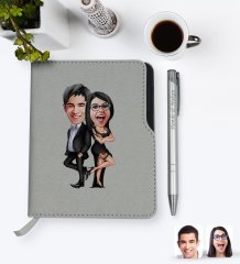 Kişiye Özel Sevgililer Karikatürlü Gri Termo Deri Defter Kalem Seti-6