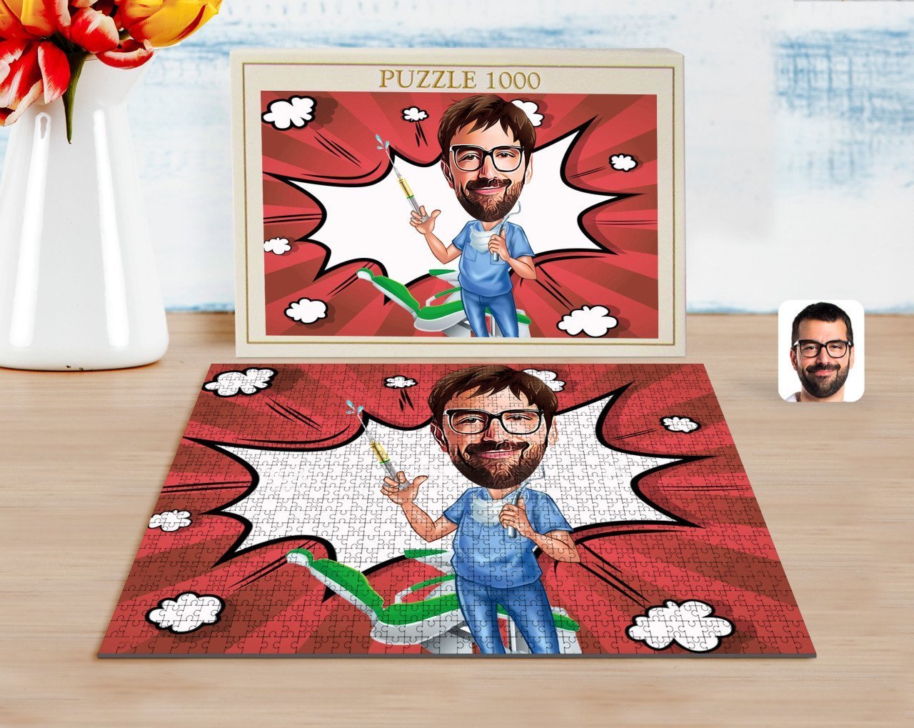 Kişiye Özel Erkek Diş Hekimi Karikatürlü 1000 Parça Profesyonel Puzzle-4
