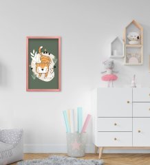 BK Home Sevimli Kaplan Tasarımlı Dekoratif Pembe Ahşap Çerçeveli Çocuk Odası Tablo-1