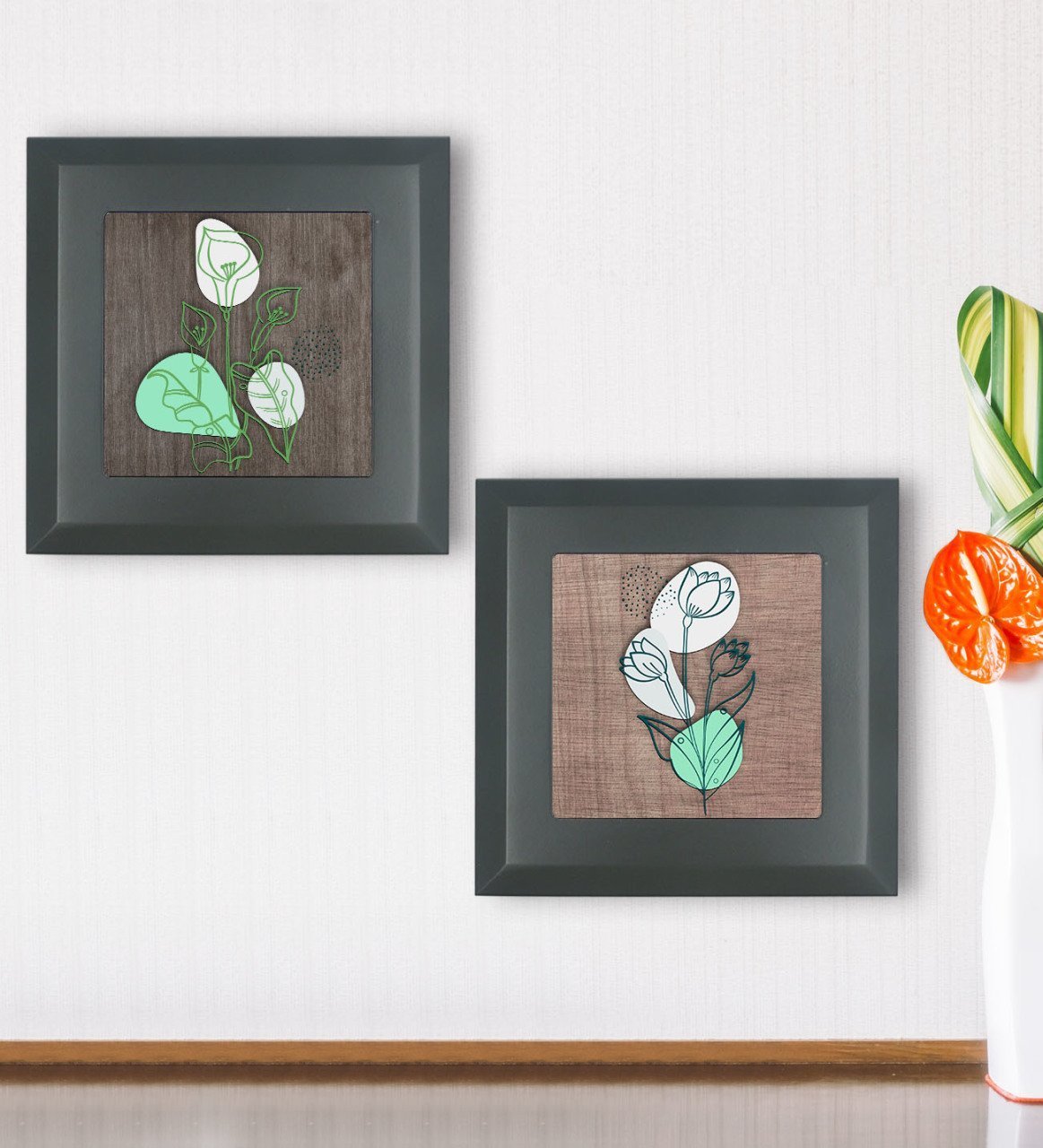 BK Gift 2’li Minimalist Bitki Tasarımlı Ahşap Çerçeveli Taş Duvar Dekoru-52