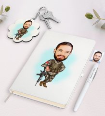 Kişiye Özel Asker Karikatürlü Beyaz Defter Kalem ve Anahtarlık Hediye Seti-2