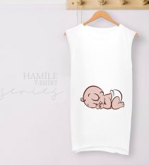 BK Gift Bebek Tasarımlı Beyaz Sıfır Kol Hamile Tişört-1, Hamile Giyim, Eşe Hediye