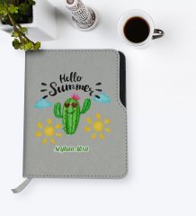 Kişiye Özel Kaktüs Tasarımlı Gri Termo Deri Defter-8