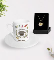 BK Gift Kişiye Özel Öğretmenler Günü Türk Kahvesi Fincanı ve İsimli Papatya Kolye Hediye Seti- 16, Öğretmene Hediye, Öğretmenler Günü
