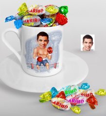 Kişiye Özel Bay Boksör Karikatürlü Türk Kahvesi Fincanı ve Haribo Şeker Hediye Seti-1