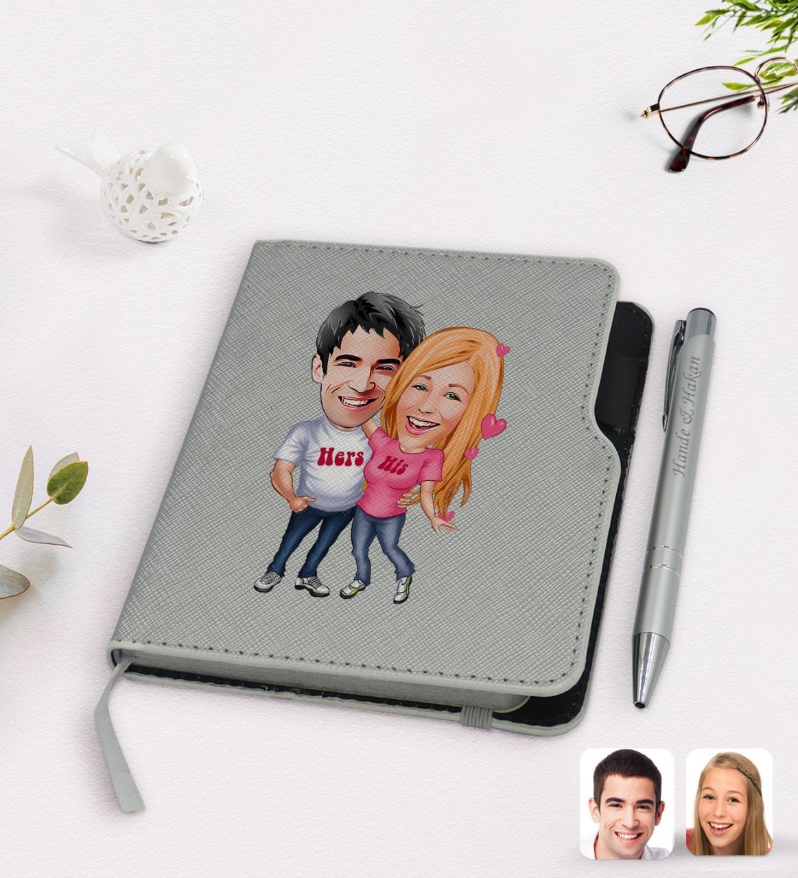 Kişiye Özel Sevgililer Karikatürlü Gri Termo Deri Defter Kalem Seti-5