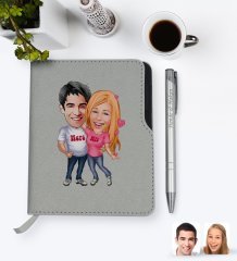 Kişiye Özel Sevgililer Karikatürlü Gri Termo Deri Defter Kalem Seti-5