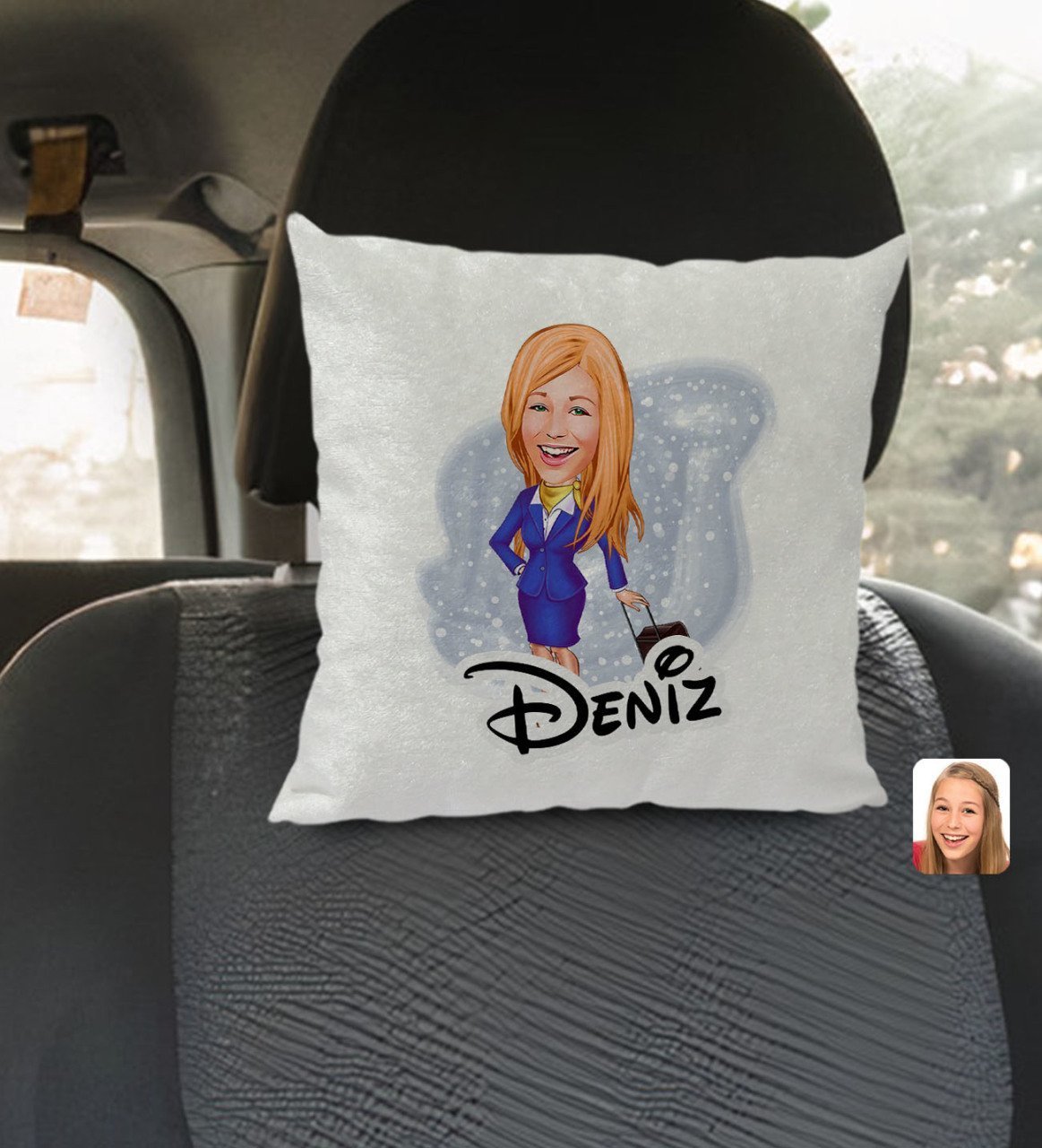 Kişiye Özel İsimli Hostes Karikatürlü Kare Araç Koltuk Yastığı-2