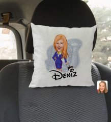 Kişiye Özel İsimli Hostes Karikatürlü Kare Araç Koltuk Yastığı-2