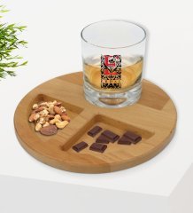 Kişiye Özel Harfli İsimli Viski Bardağı ve Doğal Masif Ahşap Yuvarlak Sunum Tabağı Çerezlik Hediye Seti-7
