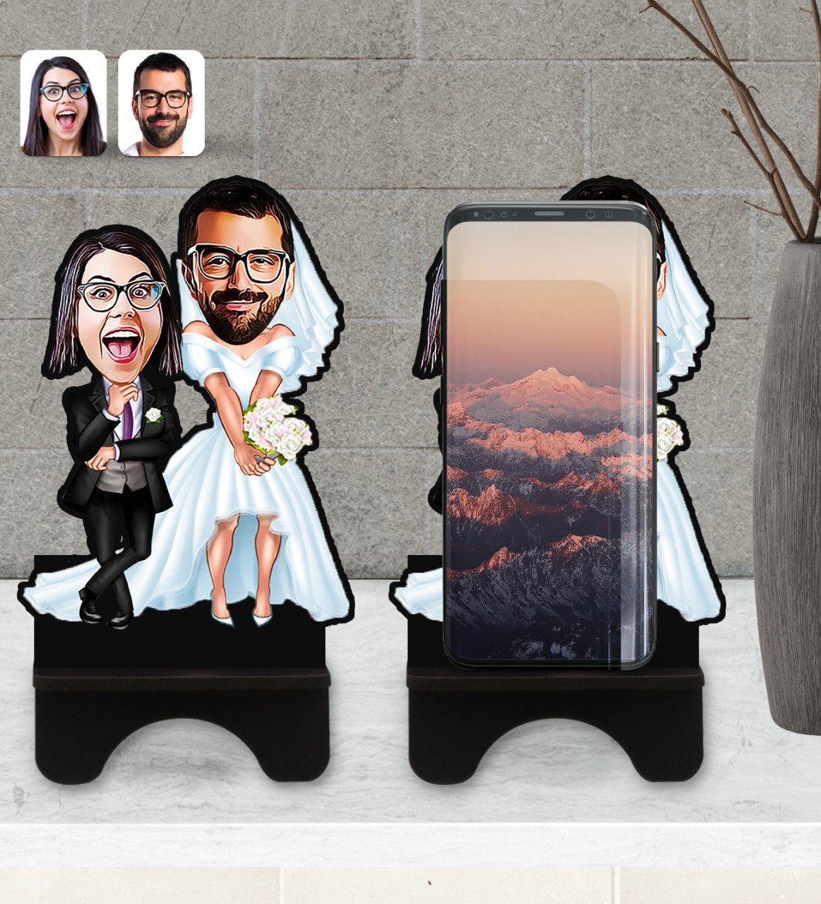 Kişiye Özel Sevgililer Karikatürlü Ahşap Biblo Telefon Standı-16