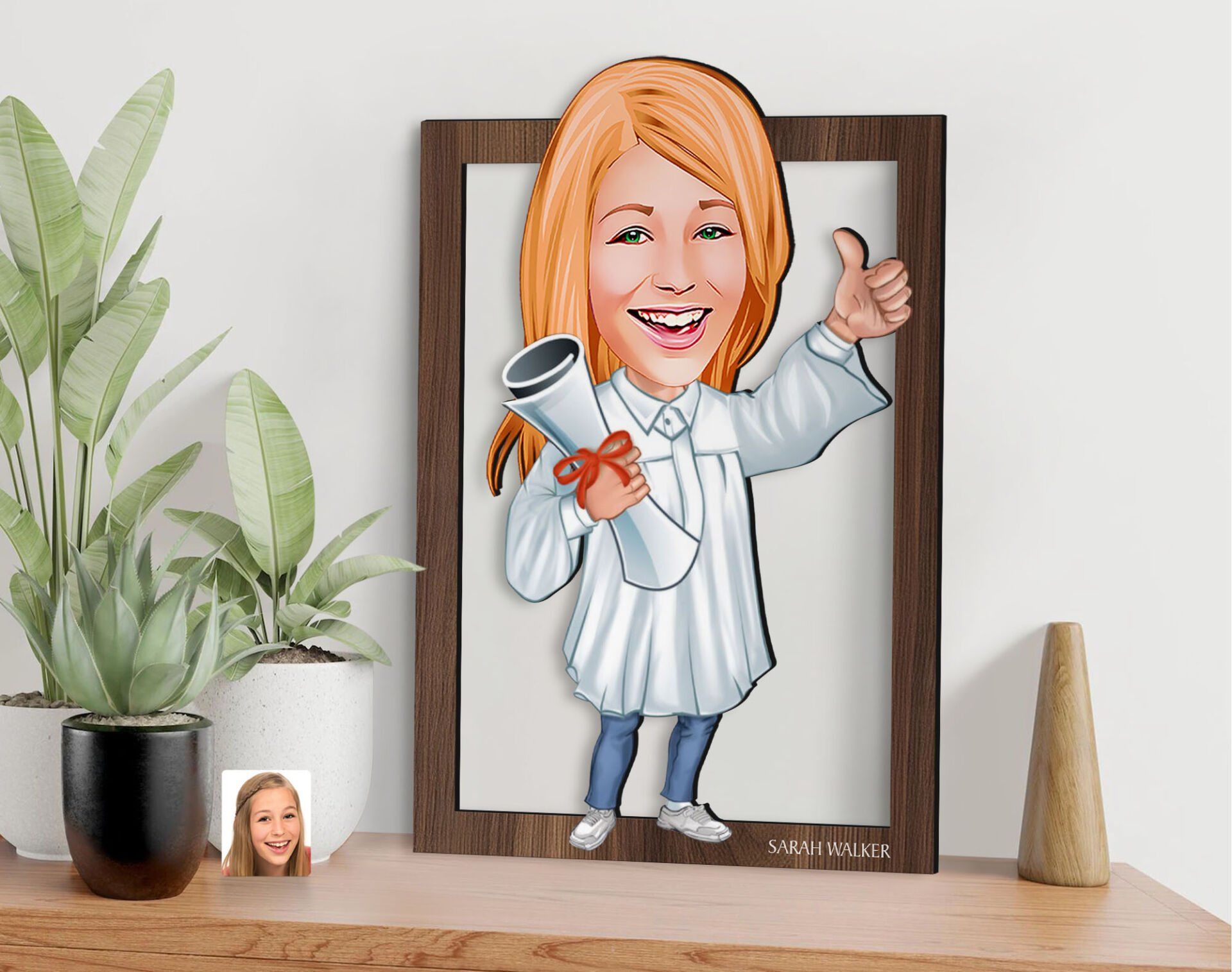 BK Gift Kişiye Özel Mezun Karikatürlü 3D Ahşap Tablo-1, Sevgiliye Hediye, Arkadaşa Hediye, Doğum Günü Hediyesi