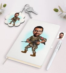 Kişiye Özel Asker Karikatürlü Beyaz Defter Kalem ve Anahtarlık Hediye Seti-1
