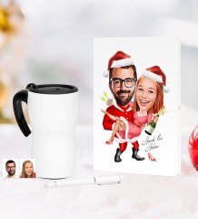 Kişiye Özel Yılbaşı Sevgililer Karikatürlü Beyaz Defter Kalem Termos Mug Seti - 2