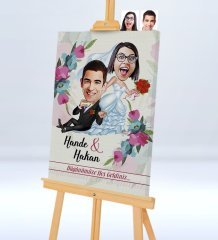Kişiye Özel Düğünümüze Hoş Geldiniz Şovaleli Karikatür Kanvas Tablo - 1