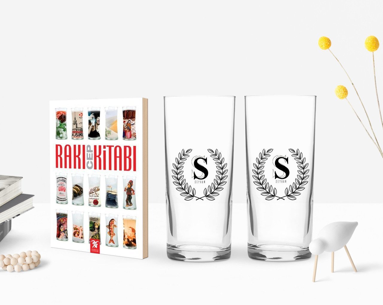 Kişiye Özel Renkli Baskılı İsimli İkili Rakı Bardağı ve Rakı Cep Kitabı Hediye Seti-35
