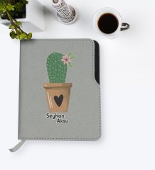 Kişiye Özel Kaktüs Tasarımlı Gri Termo Deri Defter-6