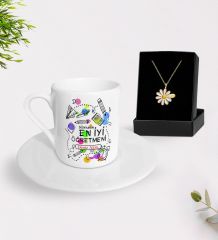 BK Gift Kişiye Özel Öğretmenler Günü Türk Kahvesi Fincanı ve İsimli Papatya Kolye Hediye Seti- 15, Öğretmene Hediye, Öğretmenler Günü