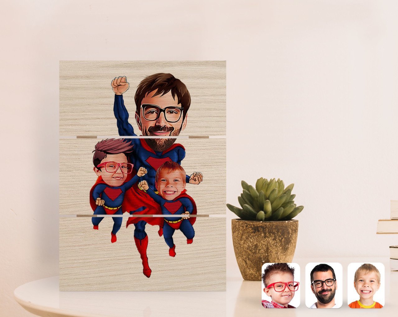 Kişiye Özel Süper Baba ve Süper Çocuklar Karikatürlü Otantik Masaüstü Ahşap Palet Çerçeve-1