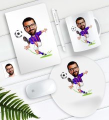 Kişiye Özel Bay Bordo Mavi Futbolcu Karikatürlü Defter Kalem Kupa Mouse Pad Seti