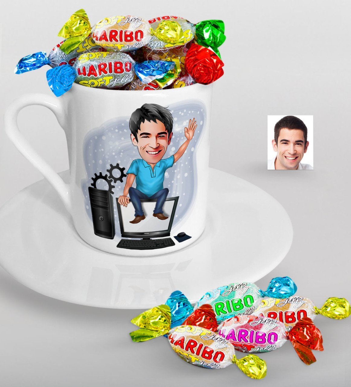 Kişiye Özel Bay Bilgisayar Mühendisi Karikatürlü Türk Kahvesi Fincanı ve Haribo Şeker Hediye Seti