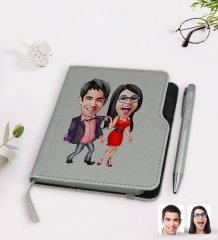 Kişiye Özel Sevgililer Karikatürlü Gri Termo Deri Defter Kalem Seti-4