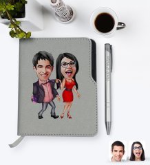 Kişiye Özel Sevgililer Karikatürlü Gri Termo Deri Defter Kalem Seti-4