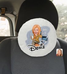 Kişiye Özel İsimli Kadın Muhasebeci Karikatürlü Yuvarlak Araç Koltuk Yastığı-1
