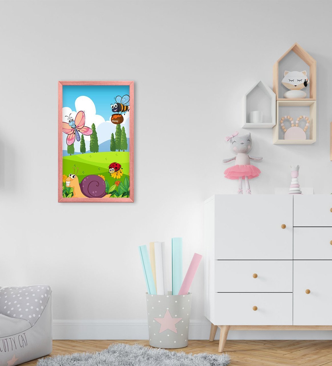BK Home Sevimli Hayvanlar Tasarımlı Dekoratif Pembe Ahşap Çerçeveli Çocuk Odası Tablo-3