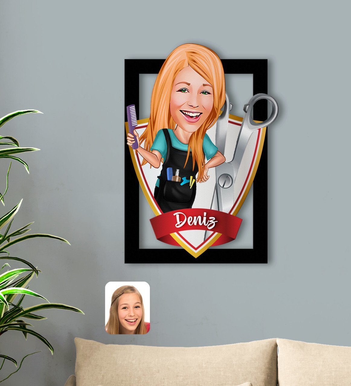 Kişiye Özel İsimli Kadın Kuaför Karikatürlü 3D Ahşap Tablo-1