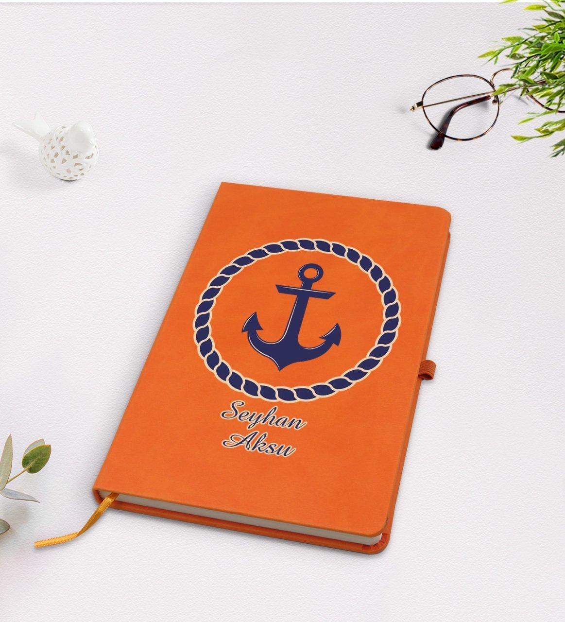 Kişiye Özel Çapa Tasarımlı Turuncu Termo Deri Defter Model 1