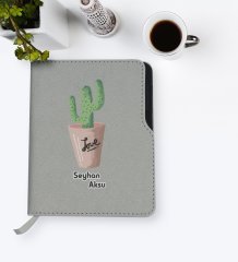 Kişiye Özel Kaktüs Tasarımlı Gri Termo Deri Defter-5