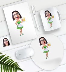Kişiye Özel Bayan Karikatürlü Defter Kalem Kupa Mouse Pad Seti-30