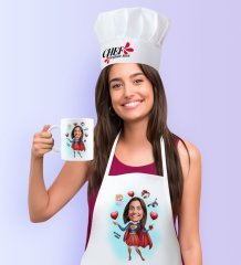 Kişiye Özel Süper Anne Karikatürlü Mutfak Önlüğü Aşçı Şapkası ve Kupa Seti