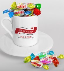 Kişiye Özel Sevgililer Günü Türk Kahvesi Fincanı ve Haribo Şeker Hediye Seti-56