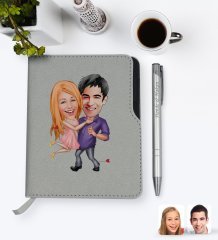 Kişiye Özel Sevgililer Karikatürlü Gri Termo Deri Defter Kalem Seti-3