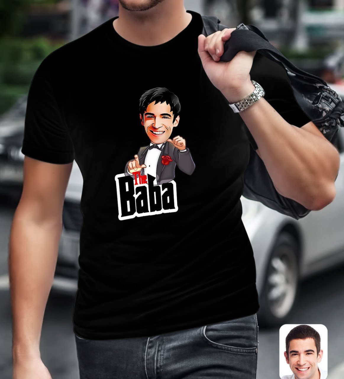 Kişiye Özel Godfather Baba Karikatürlü Siyah T-Shirt-7