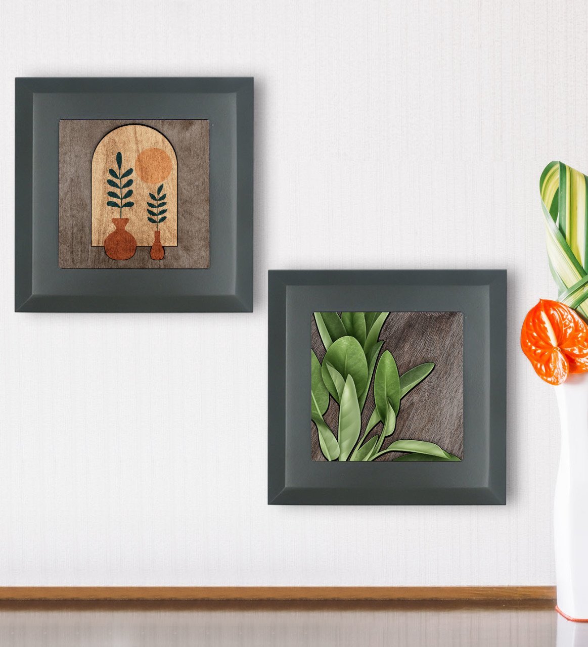 BK Gift 2’li Minimalist Bitki Tasarımlı Ahşap Çerçeveli Taş Duvar Dekoru-49
