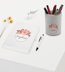 BK Gift Kişiye Özel Çiçek Tasarımlı Beyaz Defter Kalem ve Kalemlik Hediye Seti - Model 26