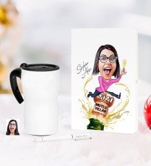 Kişiye Özel Yılbaşı Bayan Karikatürlü Beyaz Defter Kalem Termos Mug Seti - 6