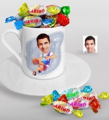 Kişiye Özel Bay Basketbolcu Karikatürlü Türk Kahvesi Fincanı ve Haribo Şeker Hediye Seti-2